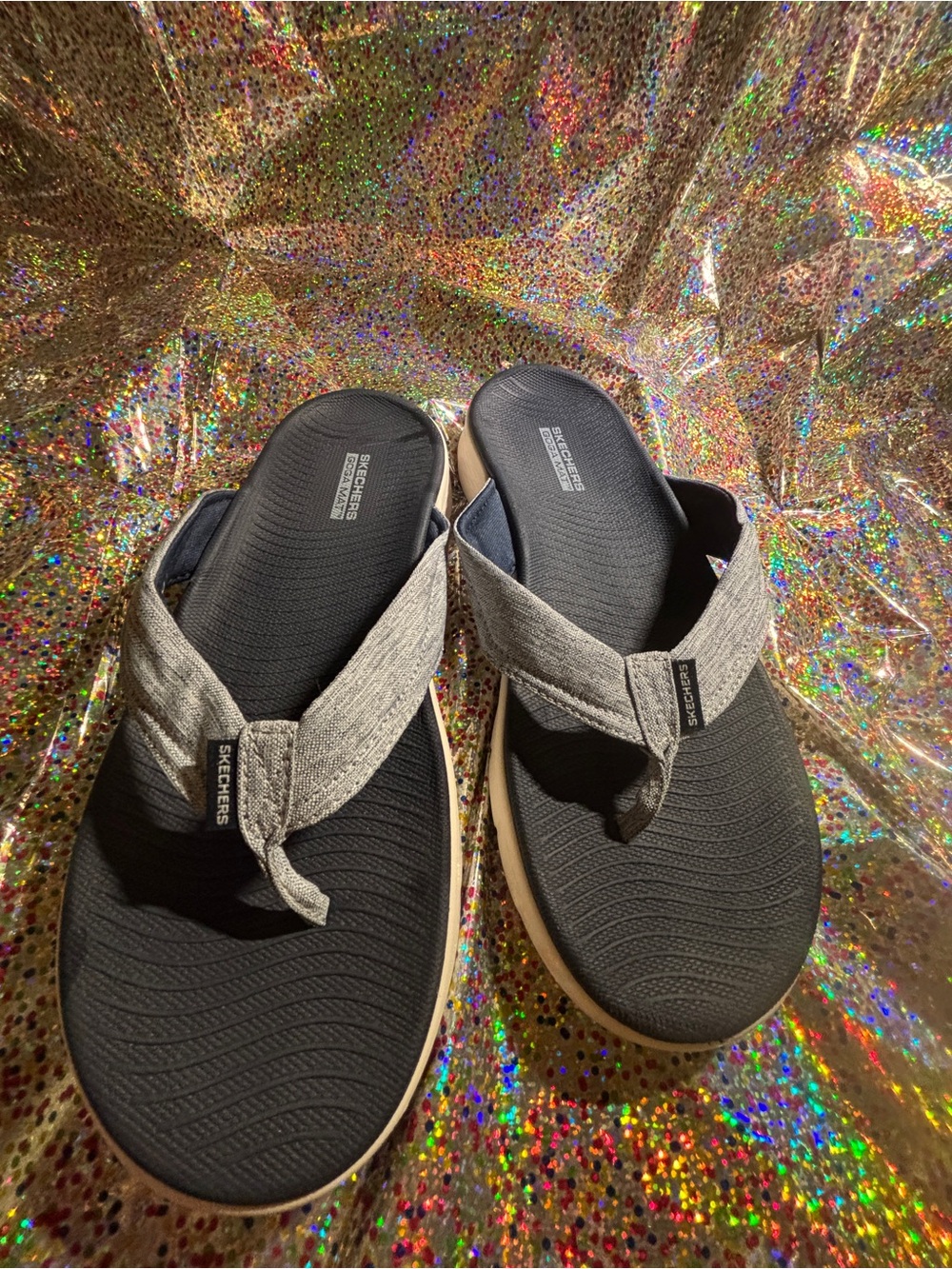Skechers Black Footbed with Light Blue Denim Fabric Thong Sandals